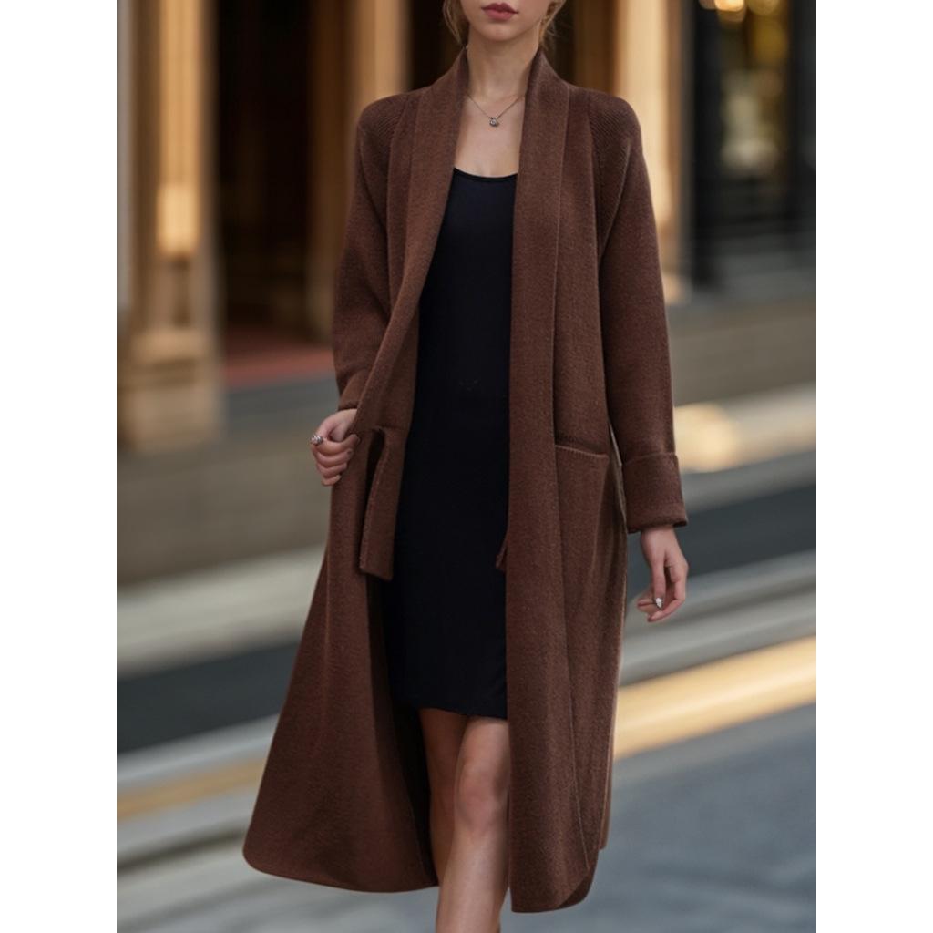 Women's 2024 Autumn/Winter Casual Long Knitted Cardigan Sweater Coat with Lace-Up Design