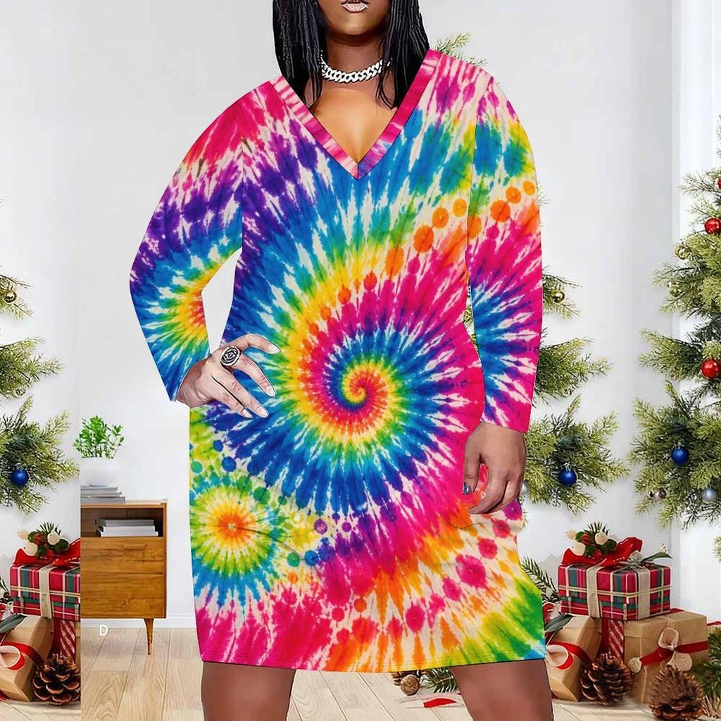 Women Plus Size V Neck Long Sleeve Green Leaf Printed Fitted Dress
