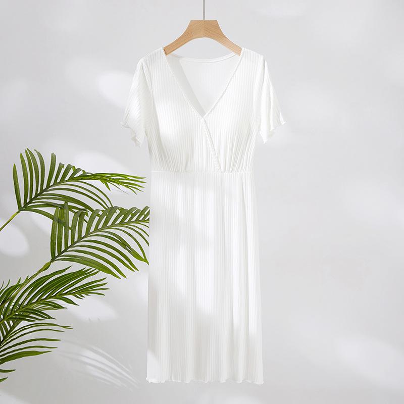 V-Neck Nursing Dress with Insertable Cups for Breastfeeding - Fashionable Postpartum Pajamas