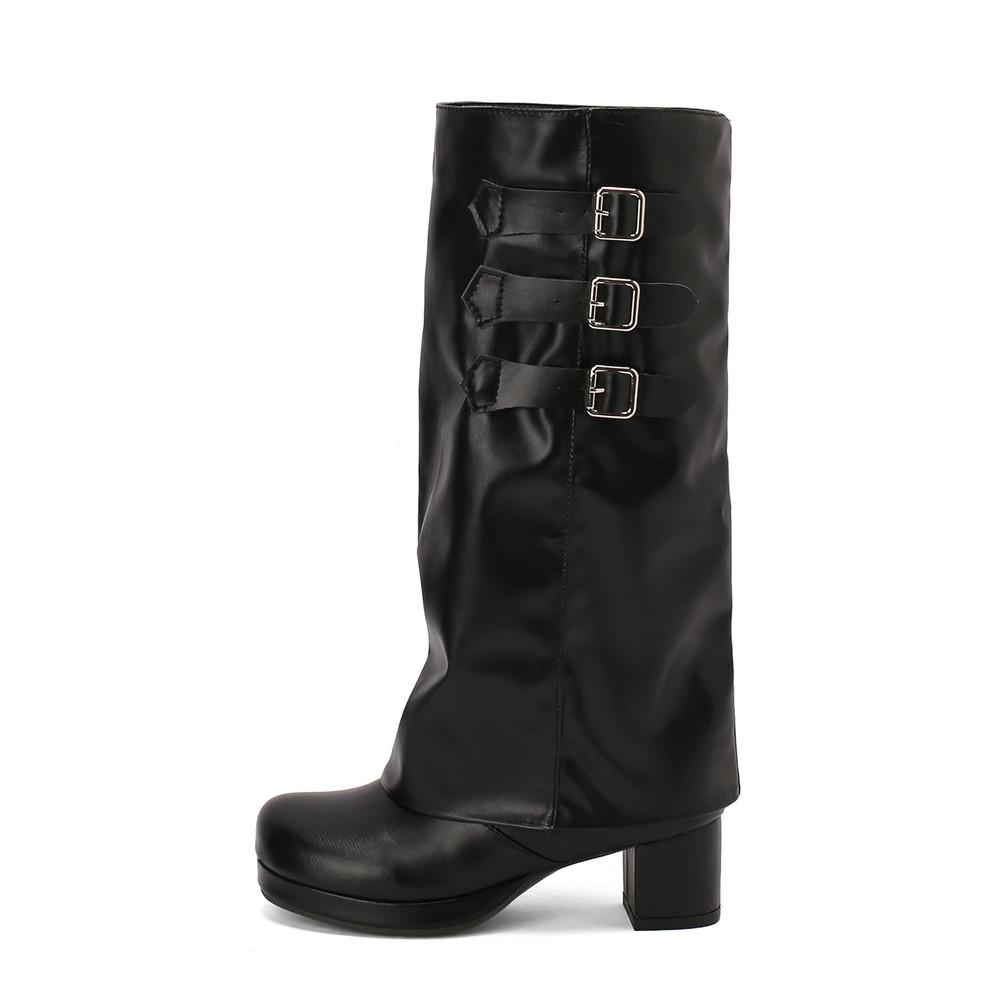 Fashion Women Thick Bottom Motorcycle Boots Women Knee High Boots Autumn Winter Women Gothic Punk Buckle Casual Boots Brown White Black