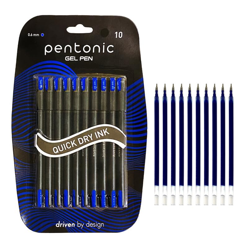 Pentonic 0.7mm Gel Pen & Refill Combo Pack | 10 Blue Ink Pens for Office, School & Home Writing (10 Pcs Pens with 10 Pcs Refills)