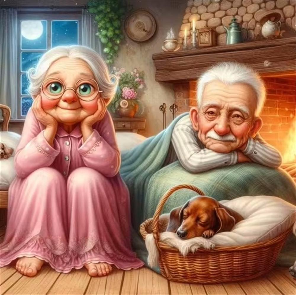 Cartoon Happy Old Couple 5D Full Round Diamond Painting Kits, Cute Grandma and Grandpa DIY Drills Mosaic Embroidery Cross-stitch