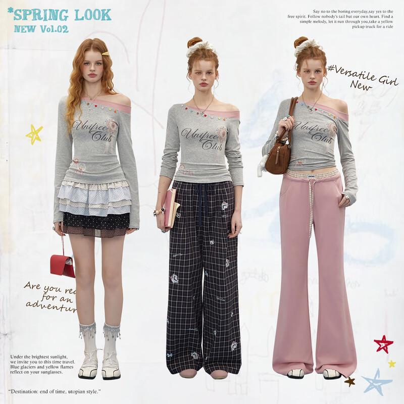 UNIFREE 2026 Spring Off-Shoulder Badge Print Long Sleeve T-Shirt