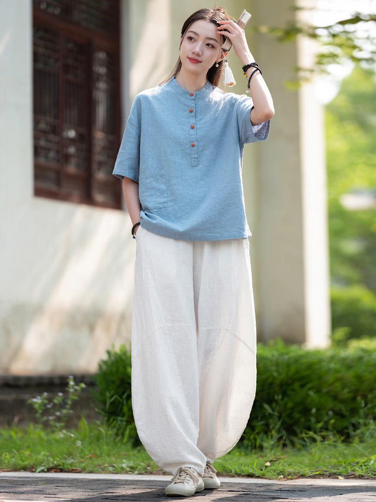 Women's Cotton Linen Zen Meditation Suit with Frog Button Shirt