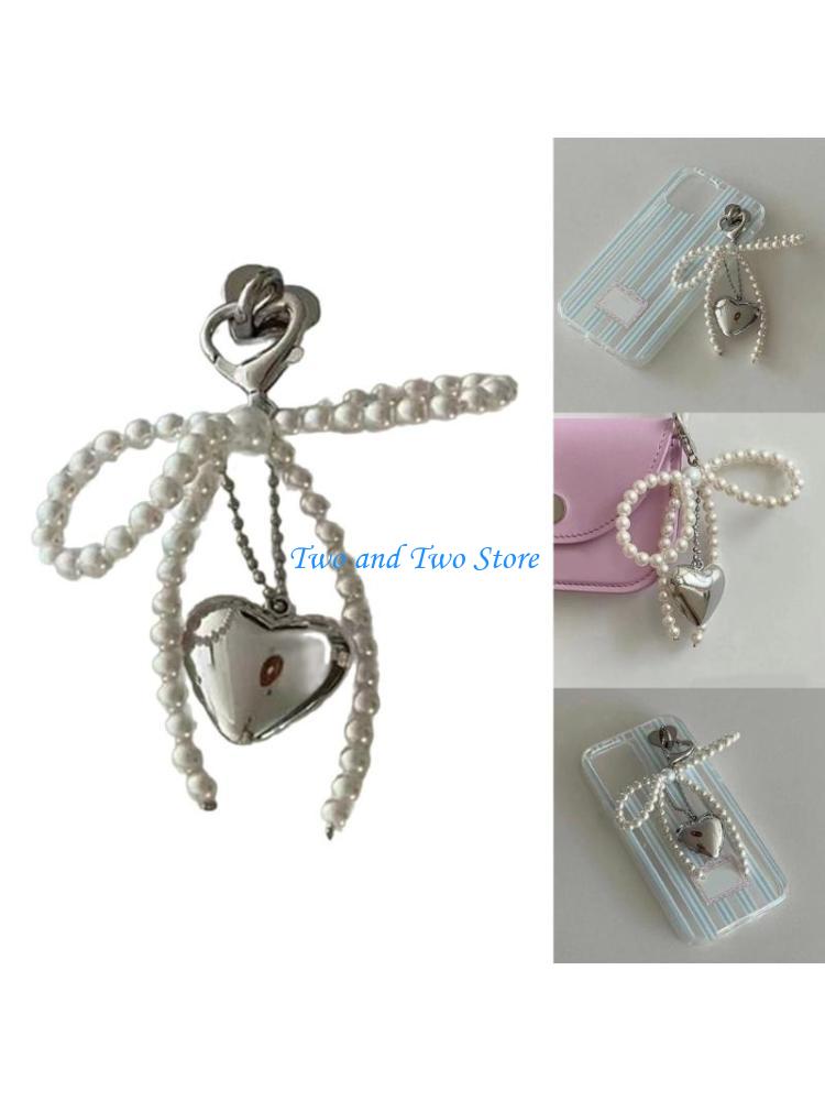HX6F Bowknot Heart Phone Charm Detachable Pearls Bead Phone Lanyard Backpack Ornament CN