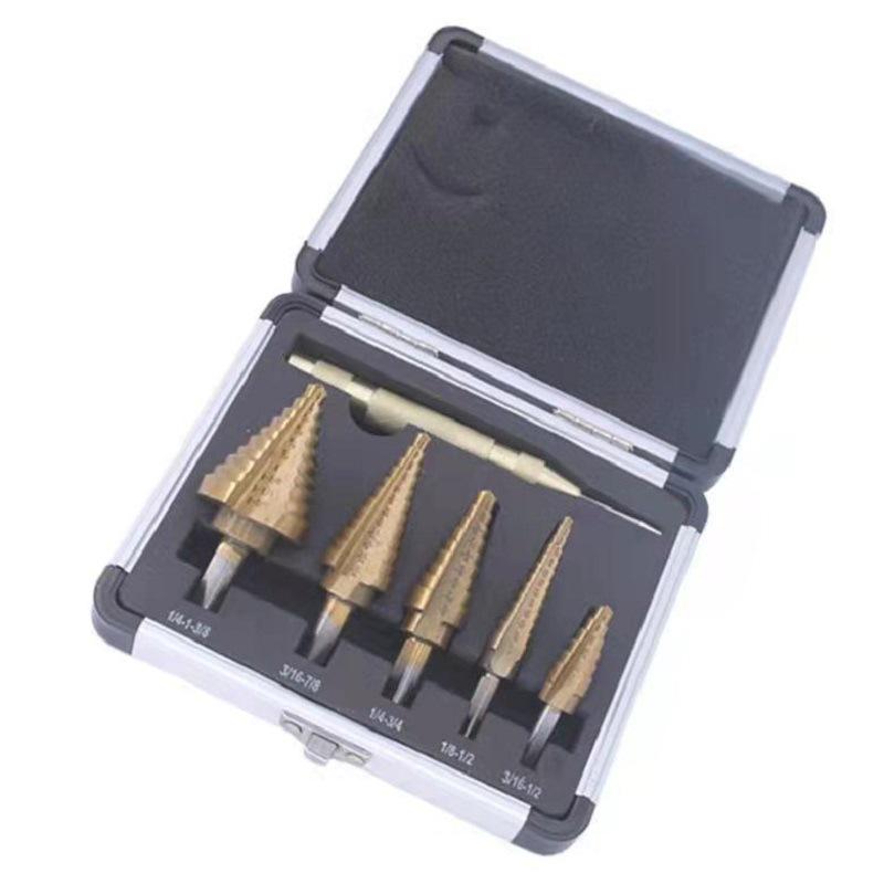6-Piece Tapered Reamer Set with Titanium & Zinc Plating In Aluminum Box for Center Positioning, Drill, Iron, and Stainless Steel.