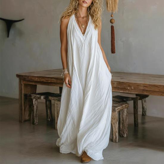 Ärmelloses Sommer-Maxikleid für Damen im Boho-Stil mit V-Ausschnitt, fließendem Muster, perfekt für Strandurlaub und Freizeit. Lässiges A-Linien-Kleid.