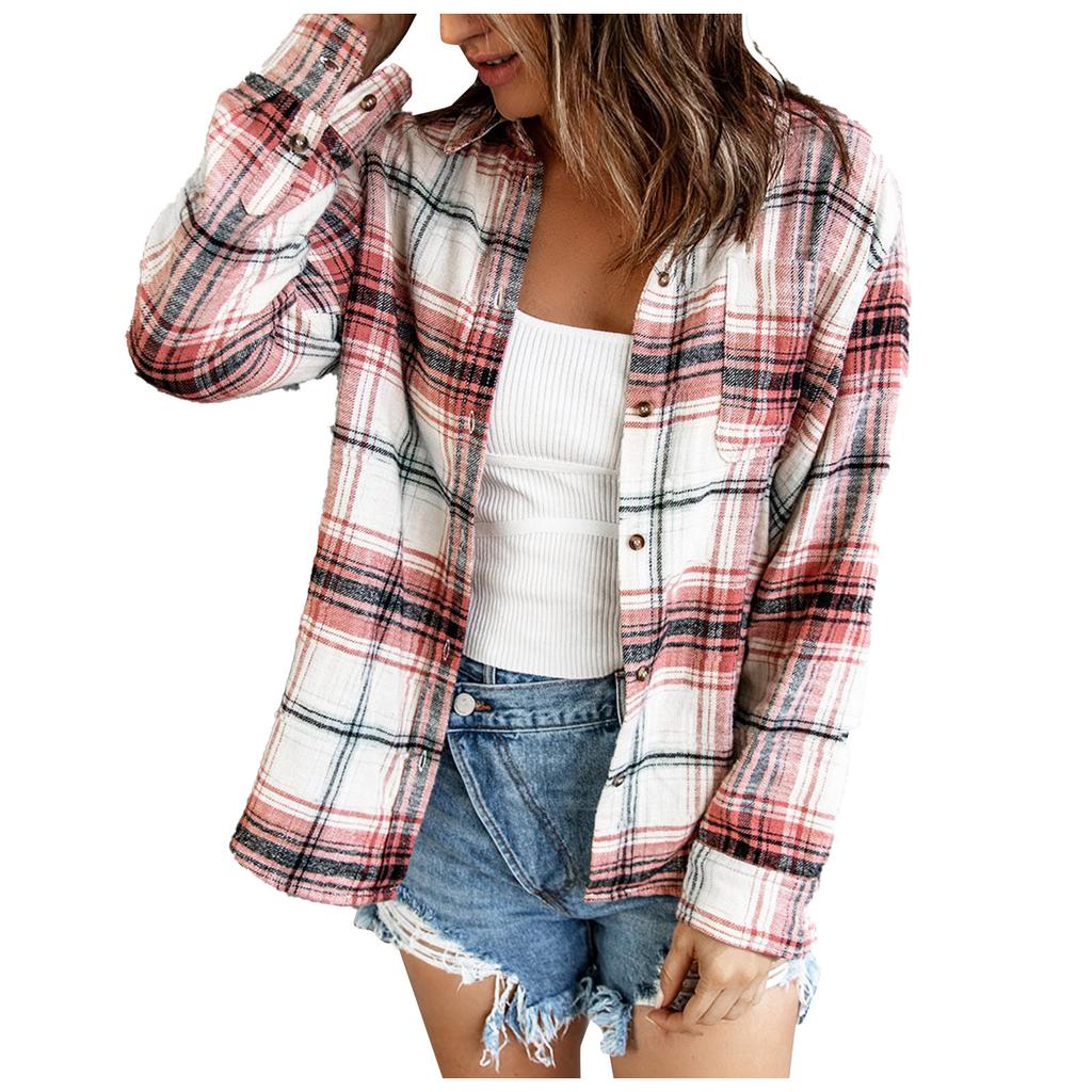 Frauen Lose Top Plaid Farbe Block Langarm Casual Damen Bluse Mantel Hemd Jacke