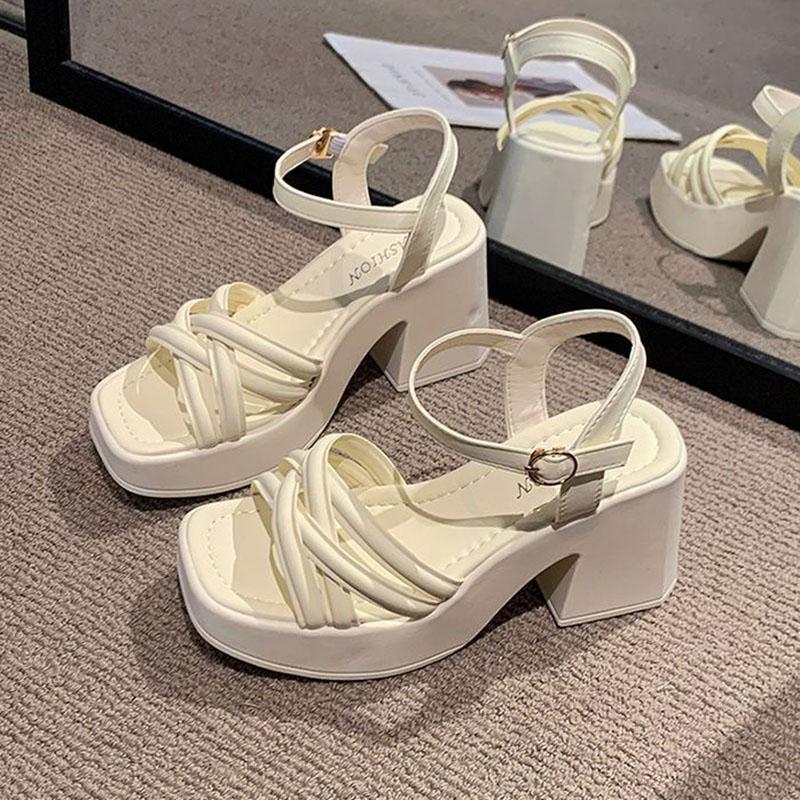 Summer Women's Sandals Elegant Ankle Strap Solid Color Square Toe Sandales Shoes Fashion Platform Black White Heeled Sandalias