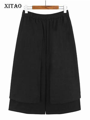 Elastic Waist Patchwork Calf Length Pants Solid Color Simplicity Loose Casual Women Wide Leg Pants HQQ1904
