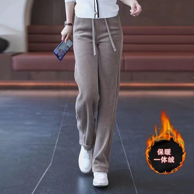 Slim Wide Leg Corduroy Pants Women Winter Fleece Lined Draping Tapered Trousers