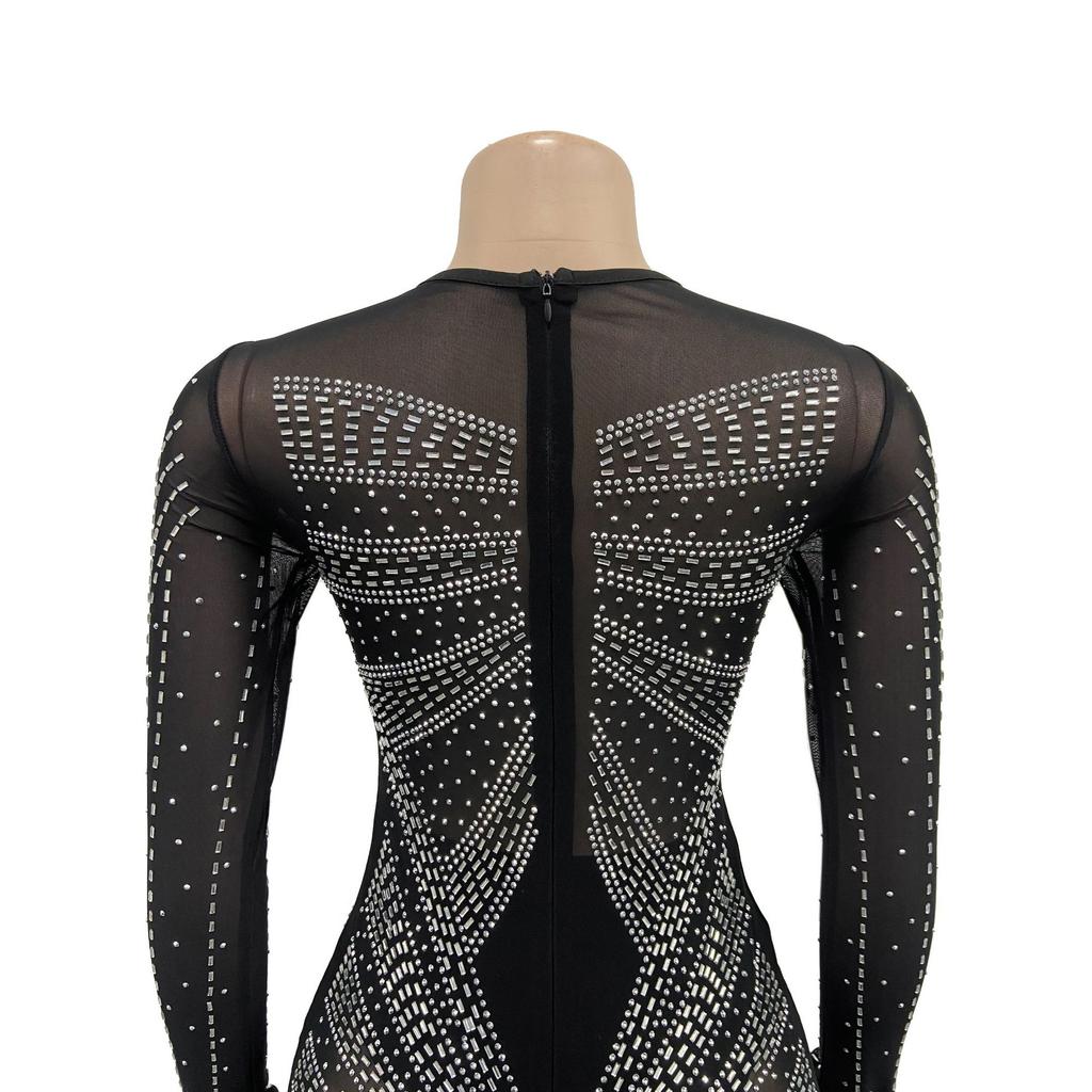 Vestido de noche Vestido largo de manga larga con diamantes de imitación transparentes de malla de color sólido para mujer a la moda