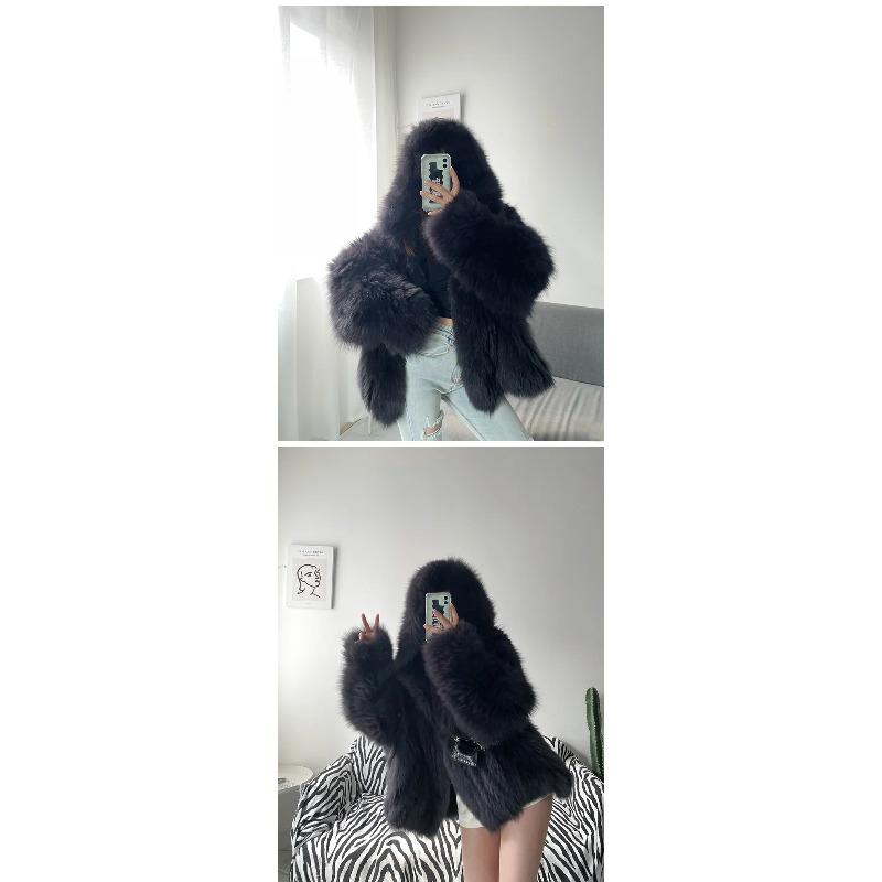 Damen Kunstfuchs Pelzmäntel Jacken Mittellang Blau Mit Kapuze Langarm Dick Warm Lockere Passform Freizeit Herbst Winter