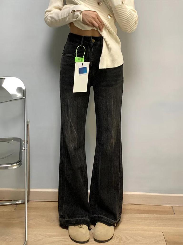 Black-Gray Women's High-Waisted Micro-Flared Jeans, Autumn 2024 - Slimming Fit Horseshoe Pants for Plus Size.