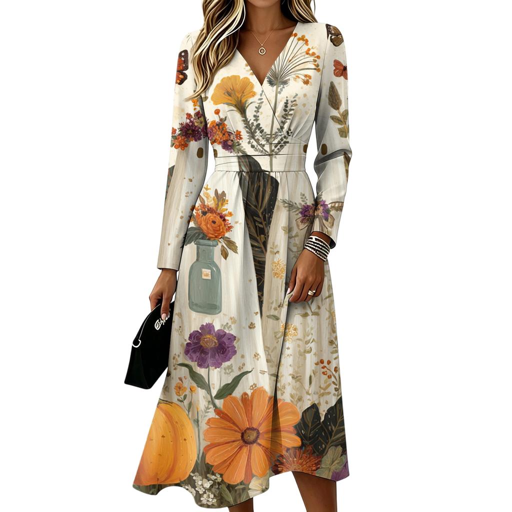 Women's Halloween Print Long Sleeve V-Neck Dress with Pockets for Casual Stylish Wear