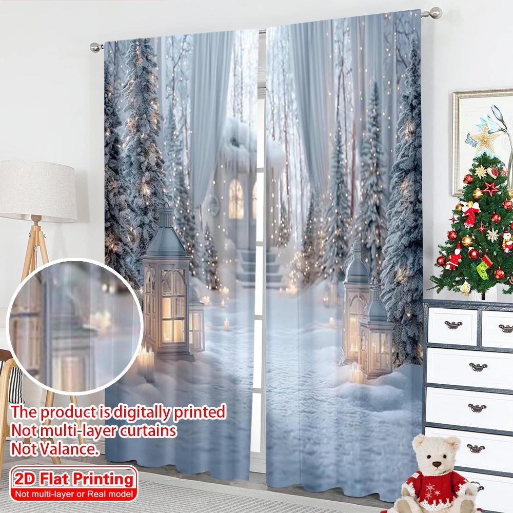 2pcs 2D flat printing Merry Christmas Curtains winter forest Polyester Without Electricity Holiday Decorations Perfect for New