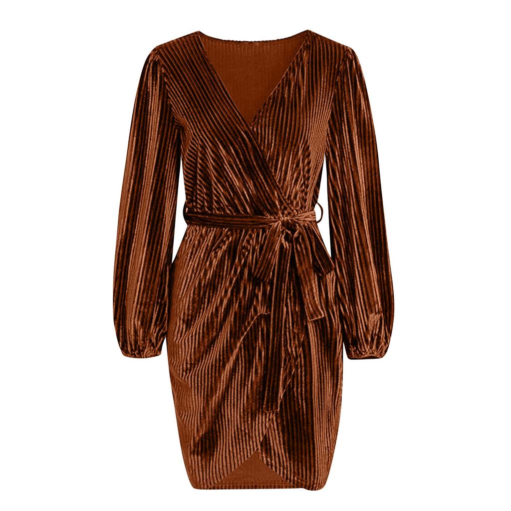 Women's Casual Solid Color Lace-Up Solid Color Velvet Long Sleeve Party Gown Dress