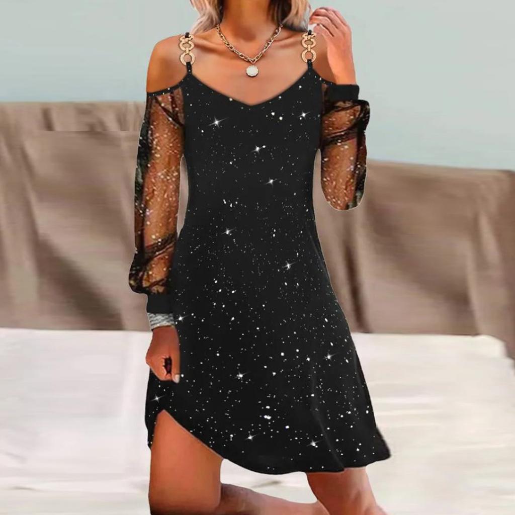 Women's Fashionable Casual Strapless Sexy Mesh Sleeve Long-Sleeve Dress