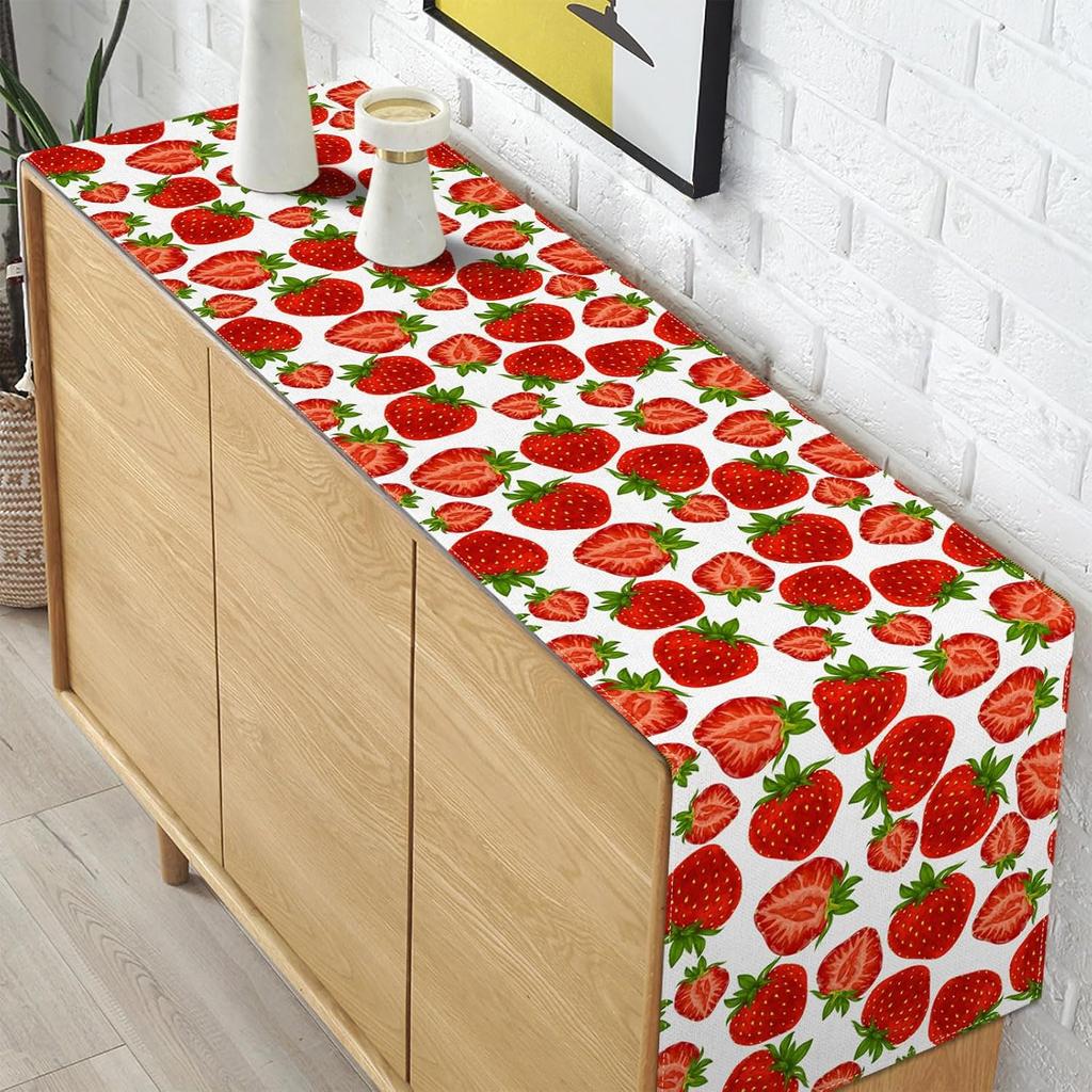 Pudodo Strawberry Table Runner Spring Summer Fruit Strawberry Themed Birthday Baby Shower Party Kitchen Dining Home Decoration (13" x 72")