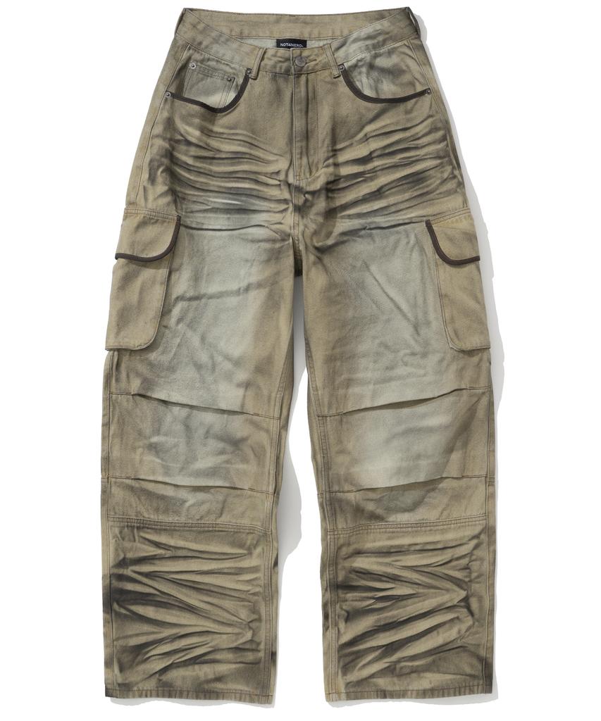 NOT4NERD Dirty Washed Parachute Cargo Denim Pants - Beige