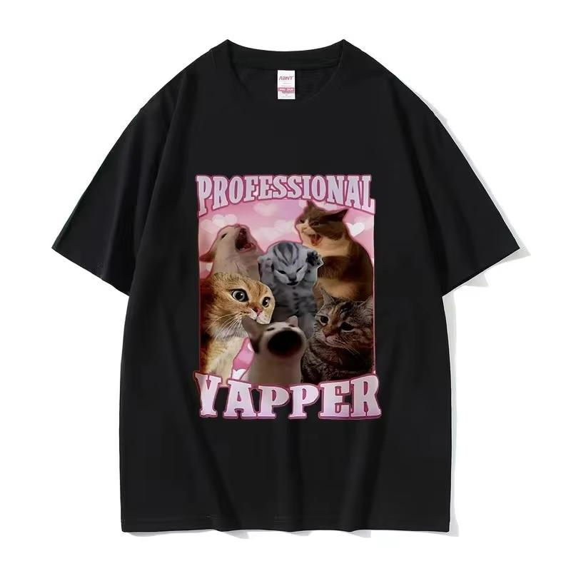 Funny Professional Yapper Meme Cat Pattern Tshirt Retro Womens Fashion Short Sleeved Tshirt Casual Comfortable T-shirt Top