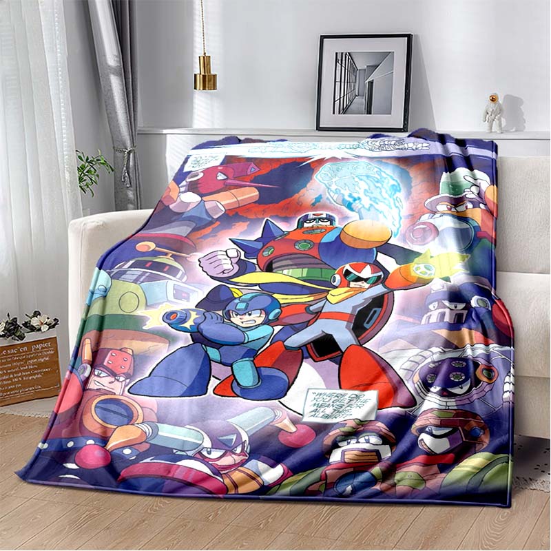 Mega Man Anime Print Flannel Throw Blanket Soft Warm Bed Cover for Kids Bedroom Sofa Home Decor Gift