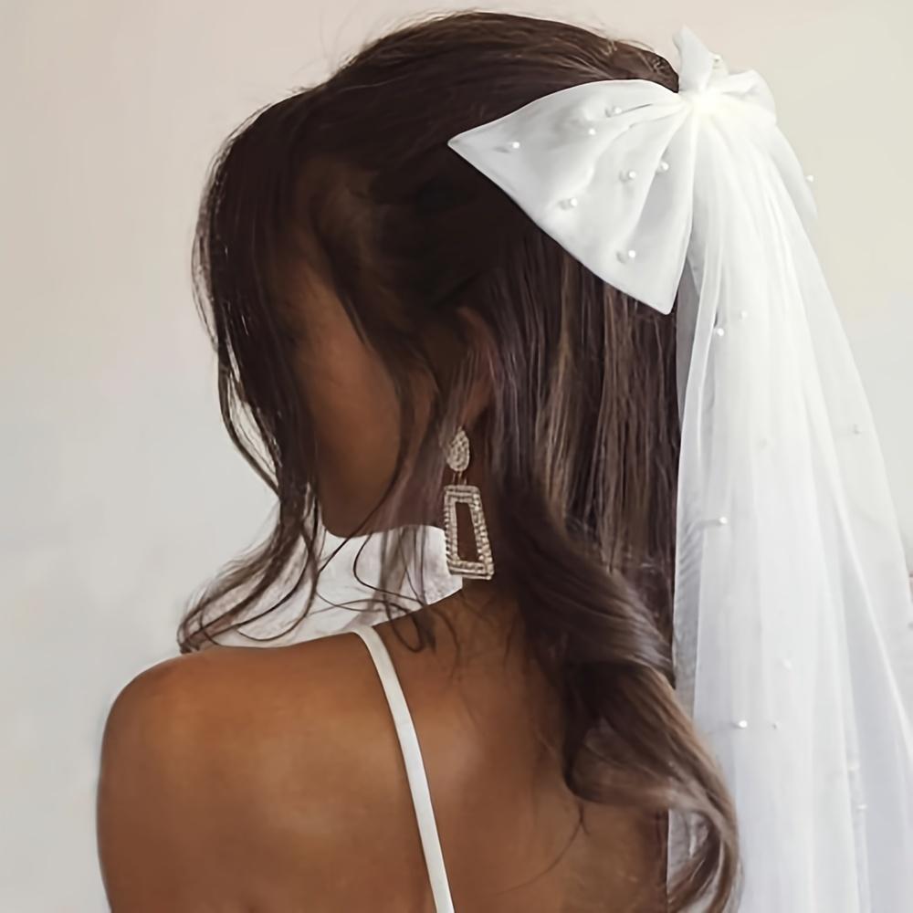 Elegant Bridal Bow Veil with Imitation Pearls White Tulle Clip-on Wedding Accessories