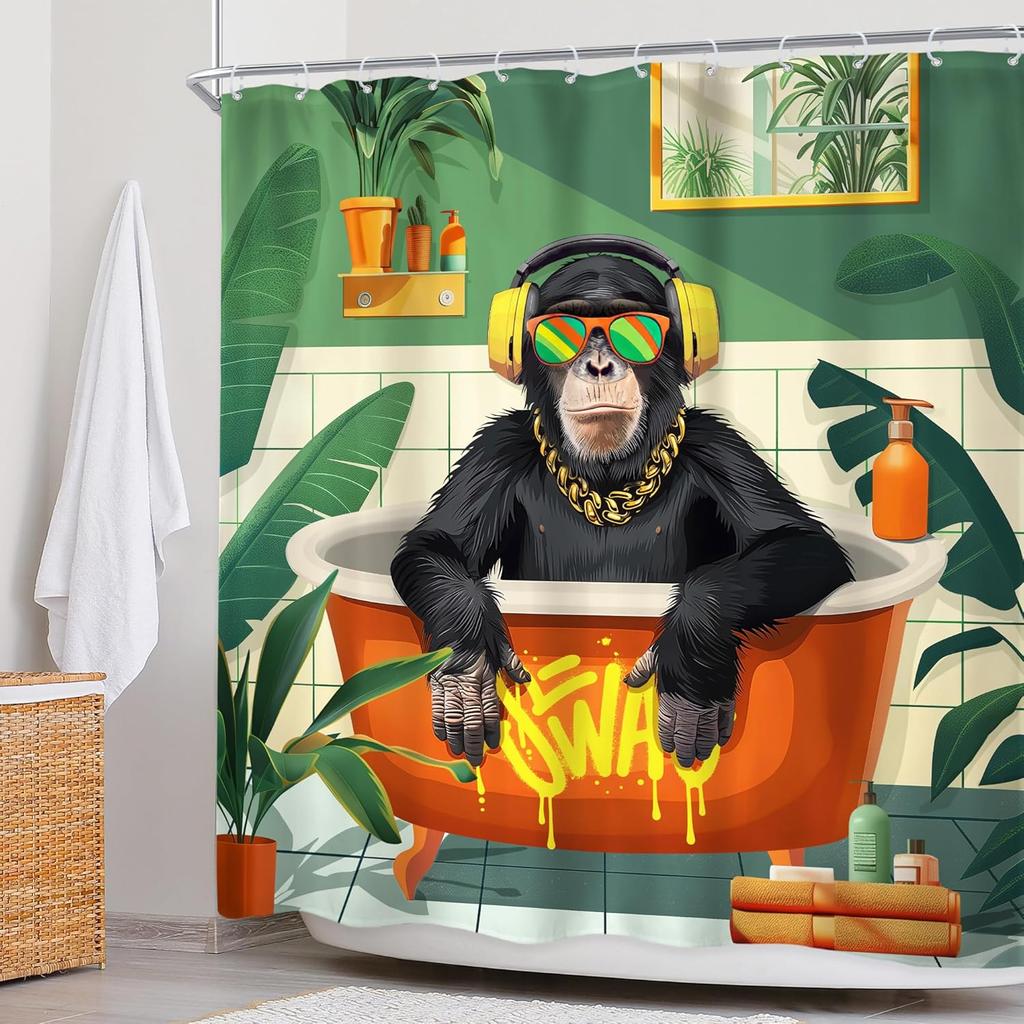 Funny Monkey Shower Curtain 72Wx72H Inch Tropical Palm Leaves Animal Bathing In Bathtub Modern Cool Shower Curtain Bathroom Set