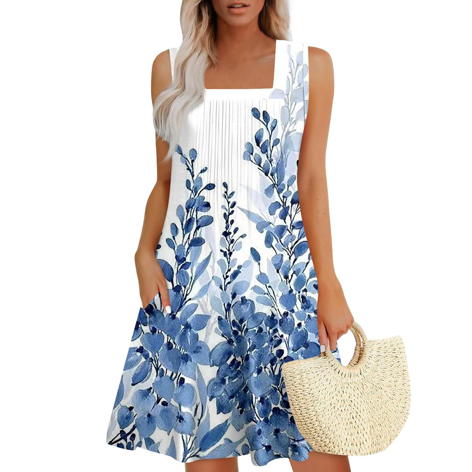 

Женские летние платья Свободные сарафаны без рукавов Платье с карманами XXXL небесно-голубой