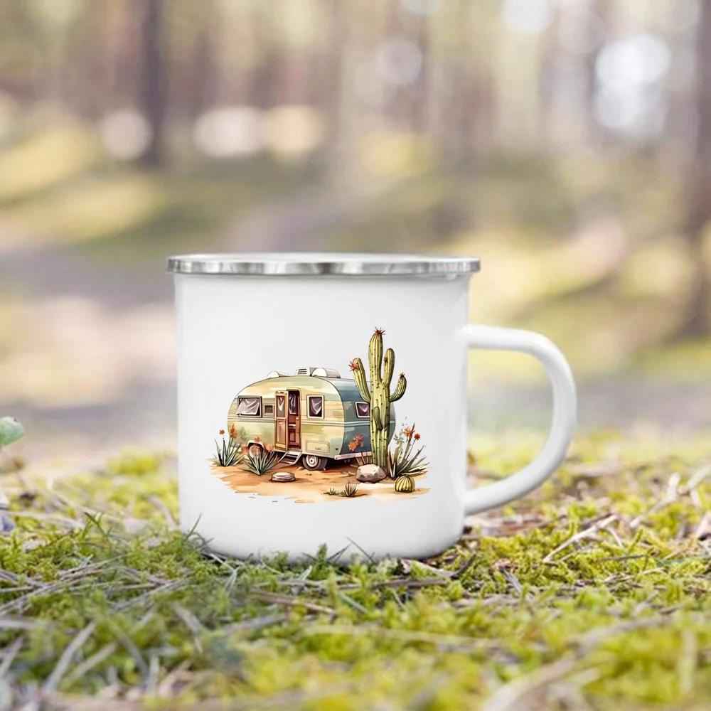 Adventure Day Caravan Printed Camper Mugs Camping Enamel Mug Campfire Party Beer Juice Cup Mountain Handle Cups Gifts for Camper