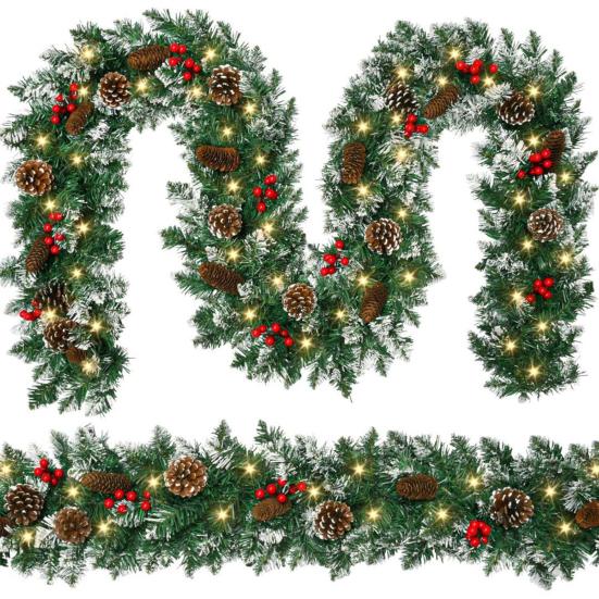 Artificial Christmas Garland with 50 LED Lights Battery Operated Prelit Greenery Garland with Pine
