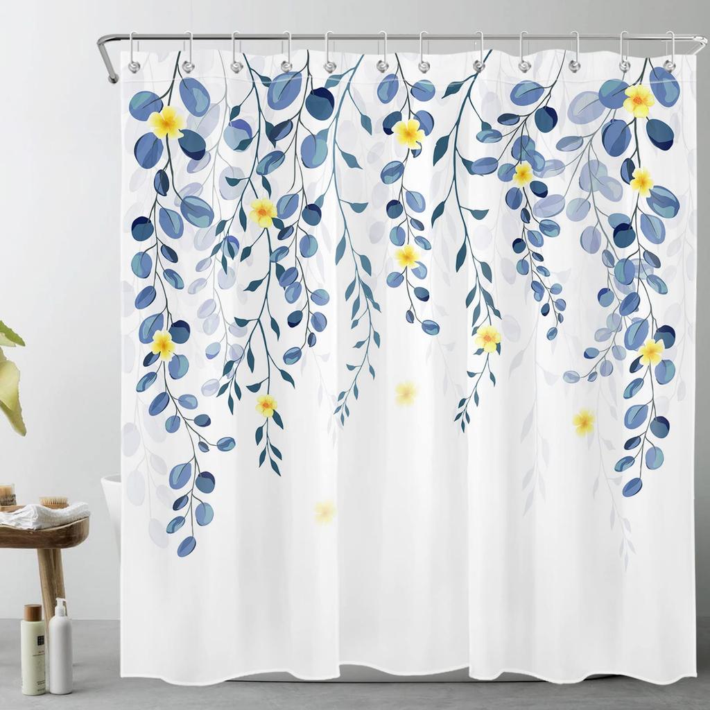 Blue Floral Shower Curtain Watercolor Flower Bath Curtain Polyester Fabric Waterproof Bathroom Curtains with Hooks Bath Screen
