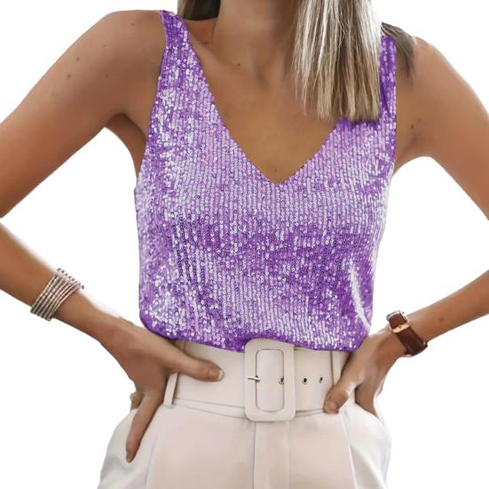 Women Tops Deep V-Neck Sparkling Sequins Design Sleeveless Vest Loose Fit Party Camisole Nightclub Wear