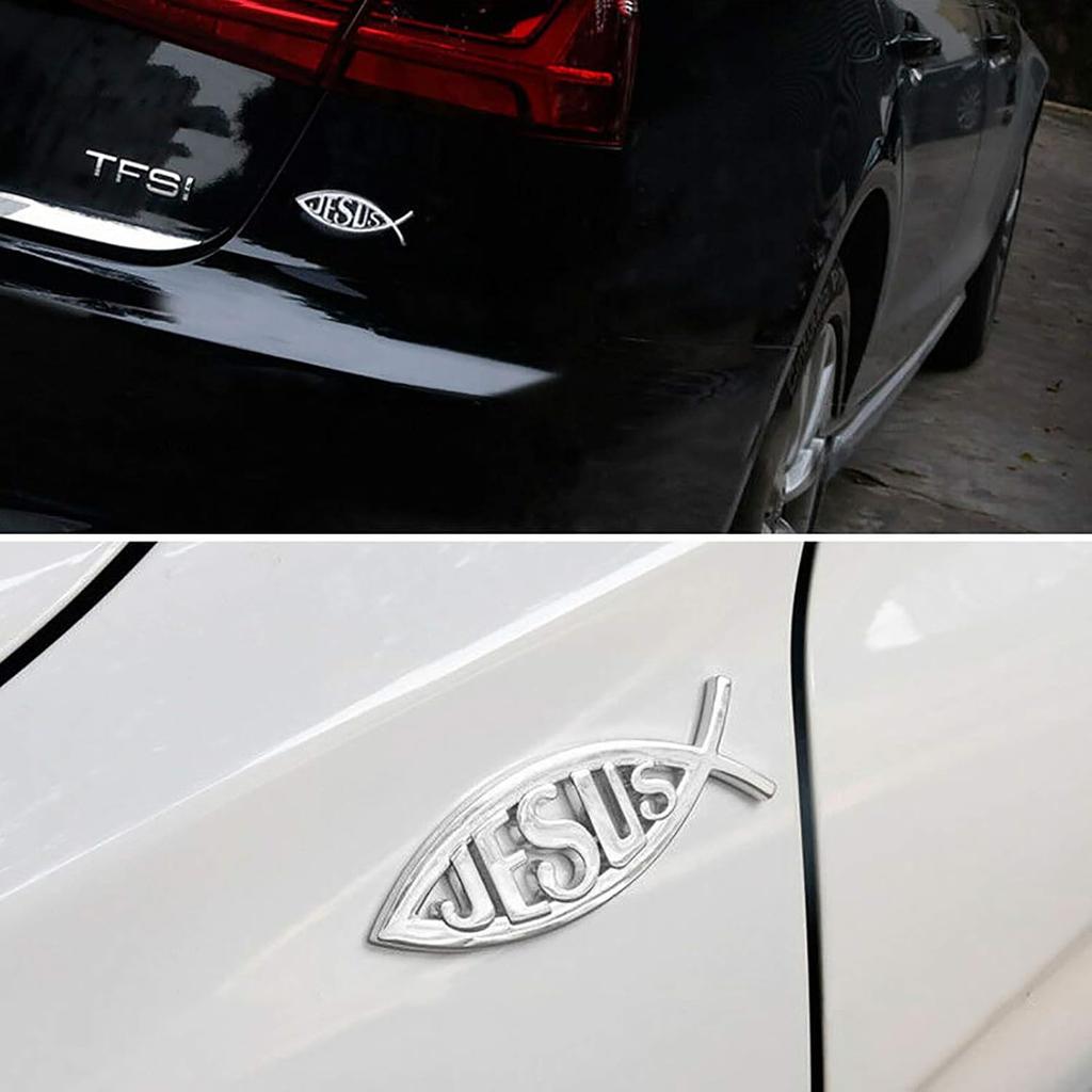 MEETCUTE 2pcs Jesus Fish Decal Sticker Silver,3D Car Chrome Decal Emblem Sticker Religious God for Jesus Christian Fish Symbol