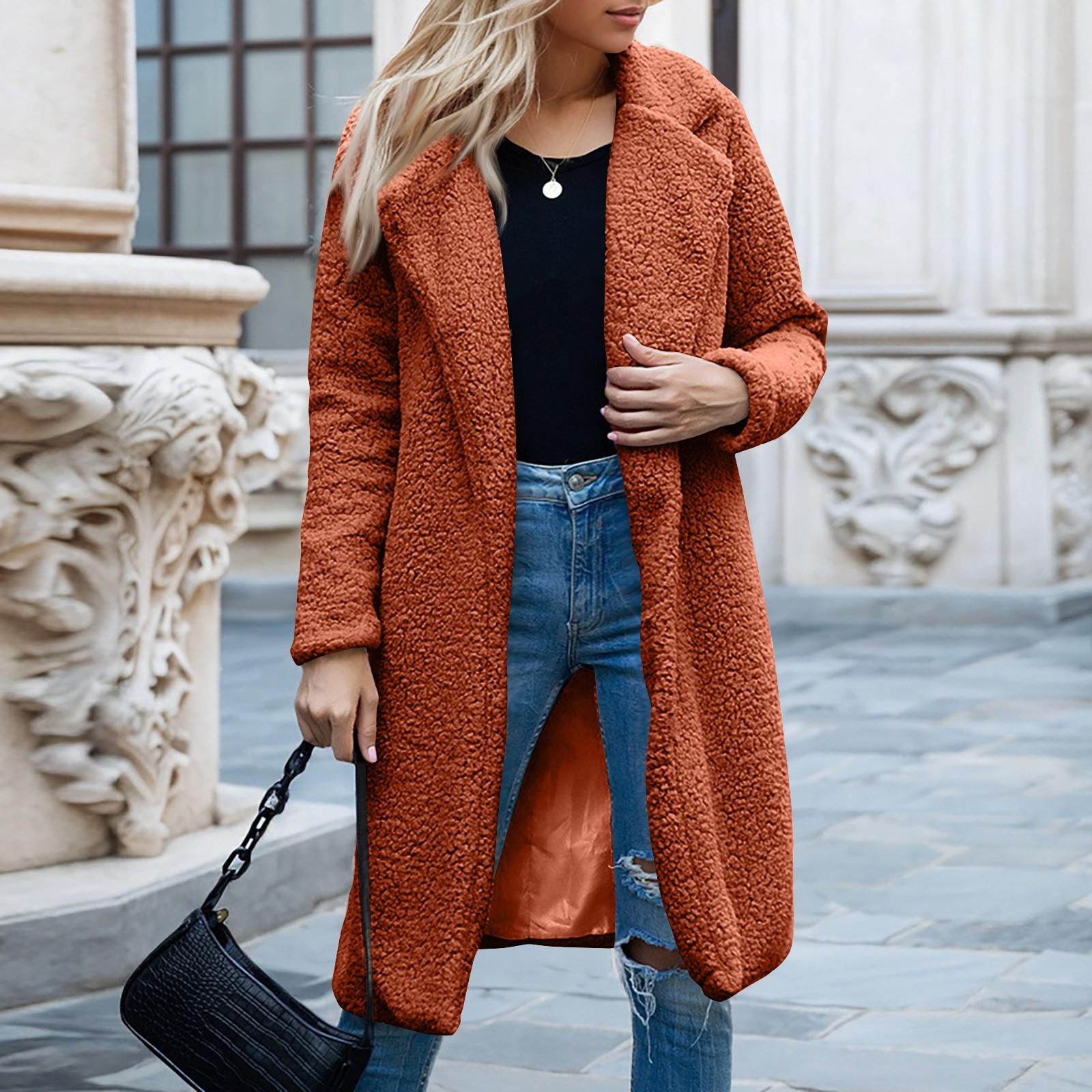 

Женская модная однотонная куртка с лацканами, длинными рукавами, плюшевая, повседневная, универсальная, длинная XXL