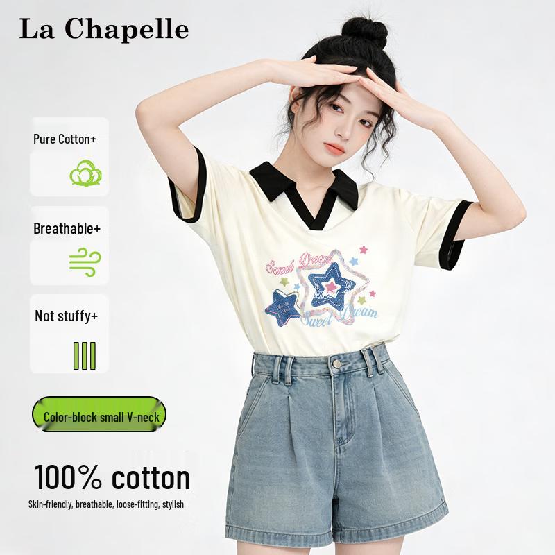 

La Chapelle Sweet Girl Style Color-block Lapel T-Shirt L