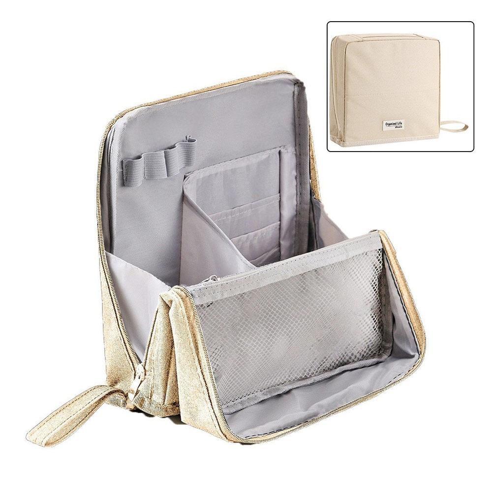 

Portable Oxford Cloth Standing Makeup Bag Waterproof Large Capacity Toiletry Bag with Compartments Cosmetic Bag for Travel бежевий