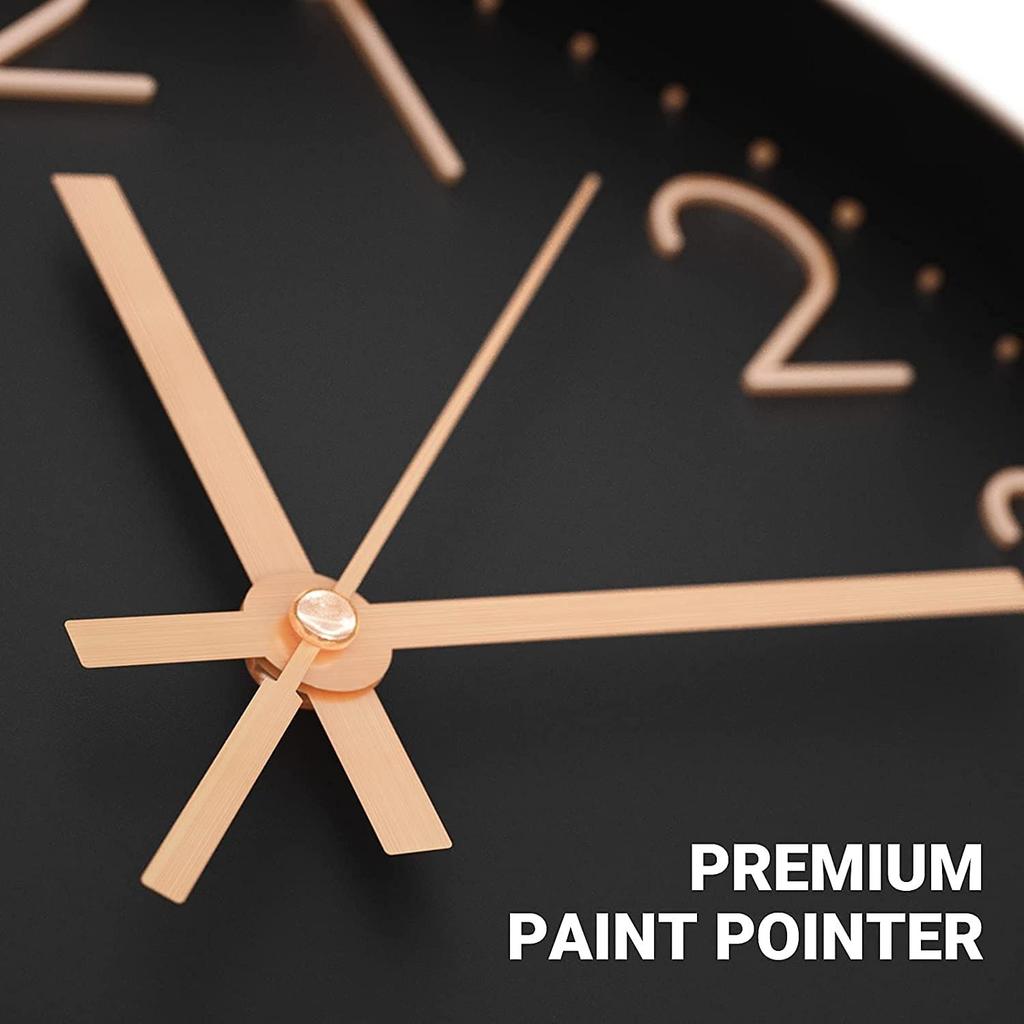 12 Inch Modern Plastic Stylish Non Ticking Silent Analog Wall Clock for Home, Living Room, Bedroom, Office, and Kitchen (Black & Rose Gold)