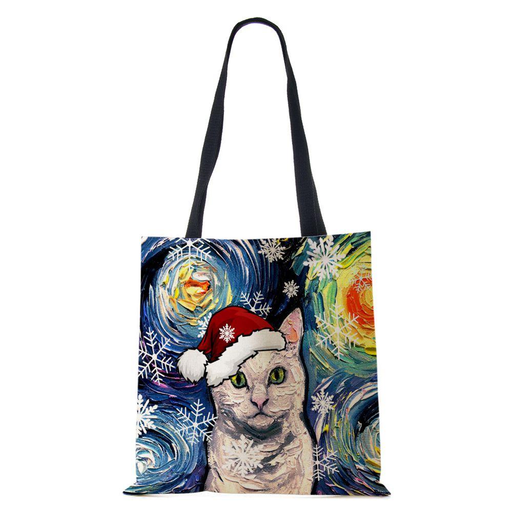 Christmas Dog Canvas Shopper Tote Bag Utskrift Harajuku Kvinner Gjenbrukbar skulderveske 2022 Casual Stor kapasitet sammenleggbar håndveske
