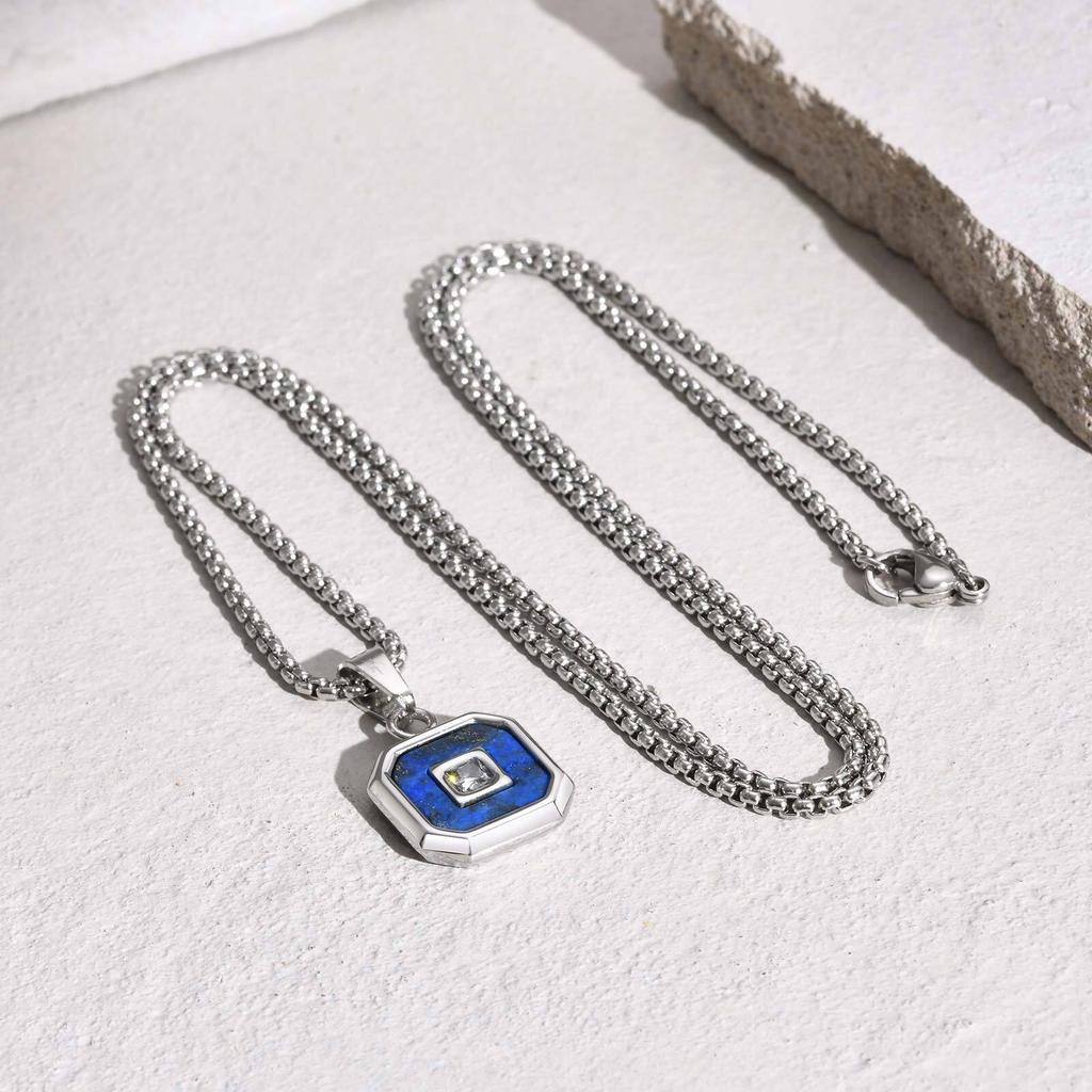 Square Natural Stone Pendant Necklace For Both Men And Women, Unisex Stainless Steel Necklace