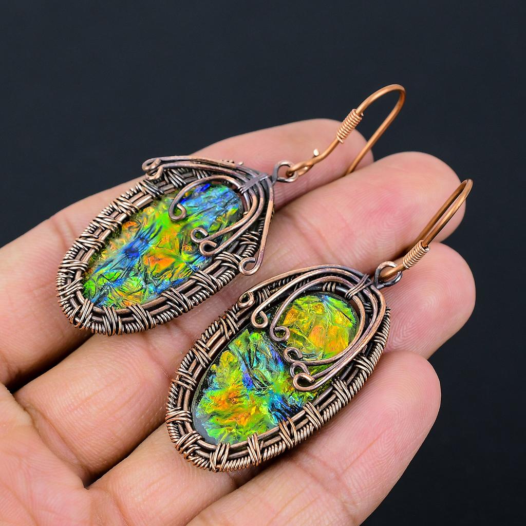 Scoică Abalone Bijuterii Handmade Înfășurate cu Sârmă de Cupru Cercei 2.64 d7r76