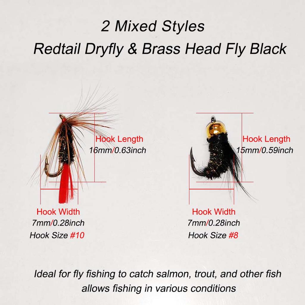 6/10Pcs(Brass Head Black Artificial Tying Fly Fishing Flies Hook & Red tail Dry fly)2Mixed Styles-Trout Dry fly Fishing Perch/Carp Lure Bait