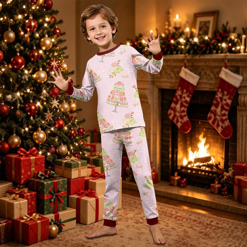 Parent-Child Matching Christmas Print Long Sleeve Neck Loungewear Set with Long Pants