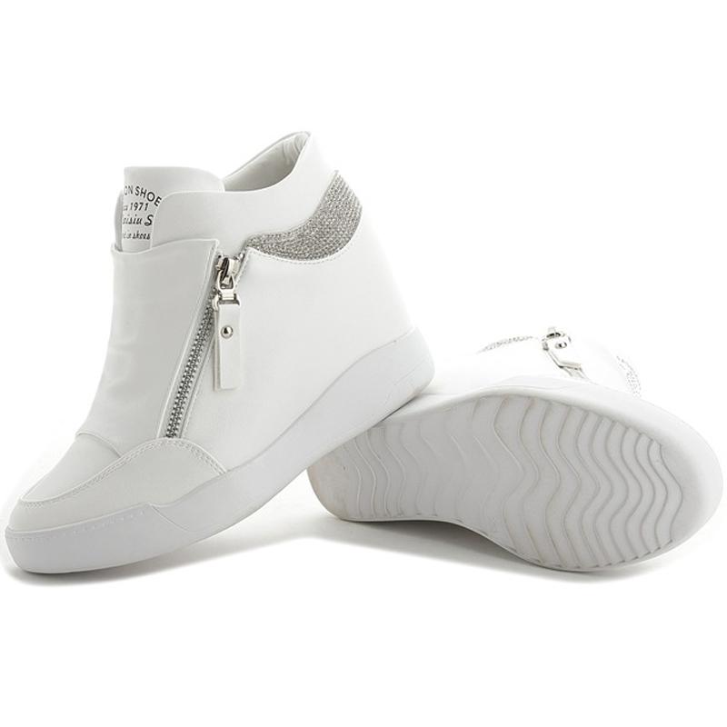 Fashion Comemore Women Wedge High Top Sneakers Zipper PU Leather Casual Shoes Sequins Thick Bottom White Internal Heighten Plus Size 42