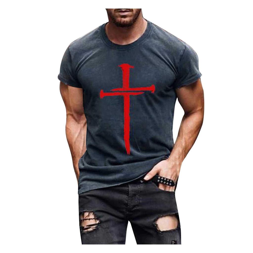 Men's Street Fashion Cross Belief Printed Round Collar Short Sleeve T Sleeve