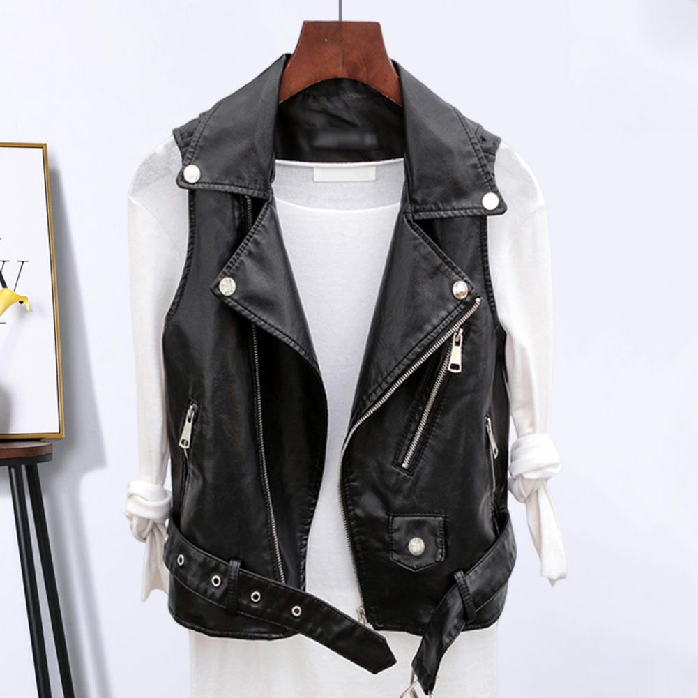Belt Decor Vest Coat Retro Motorcycle Waistcoat with Zipper Pockets Belt Decor for Women Faux Leather Vest Coat for Commuting