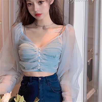 New Sexy Temperament Two-piece Suit Female Spring and Summer Fashion Mesh Perspective Sunscreen Shirt V-neck Blue Sling