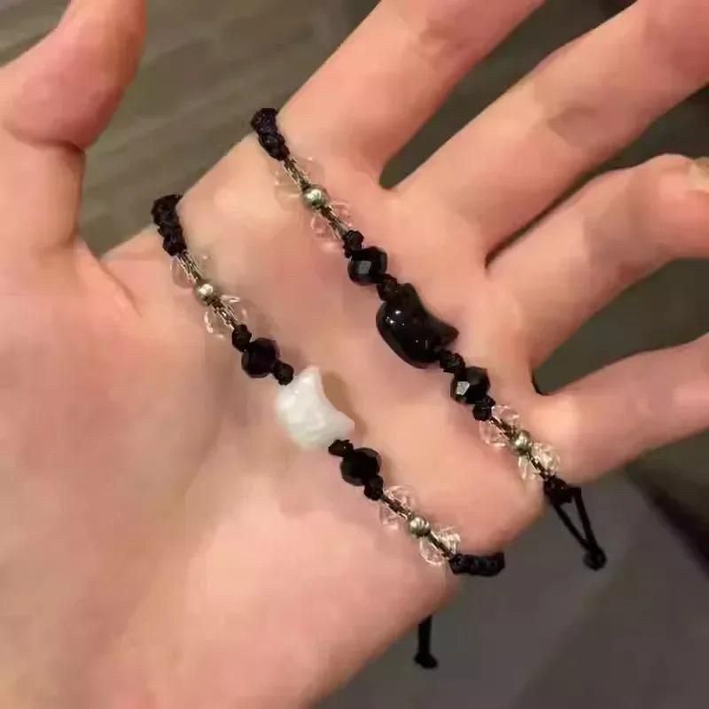 New Wine Red Cat Beaded Couple Bracelets Handmade Adjustable Braided Cord Minimalist Moonstone Obsidian Jewelry for Men Women