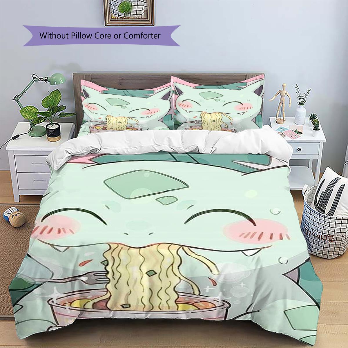 

Bulbasaur Patterned Pillowcase & Duvet Cover Set Bedroom Anime Bedding Decoration Gift for Anime Lovers.-TING 135x200cm