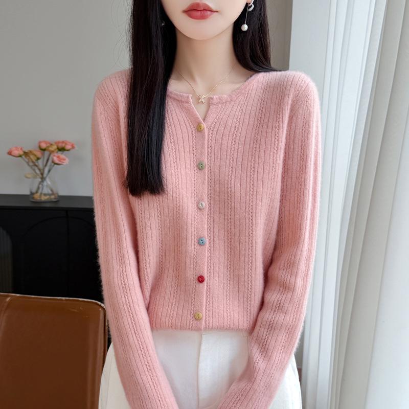 Women's Plus Size Hollow Knit Wool Cardigan - Long Sleeve, Round Neck Sweater Coat